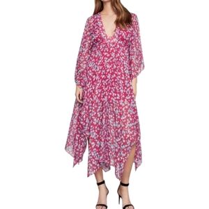 BCBGMAXAZRIA Pink and Red Asymmetrical Tiered Sundress W/ Statement Sleeves Sz S